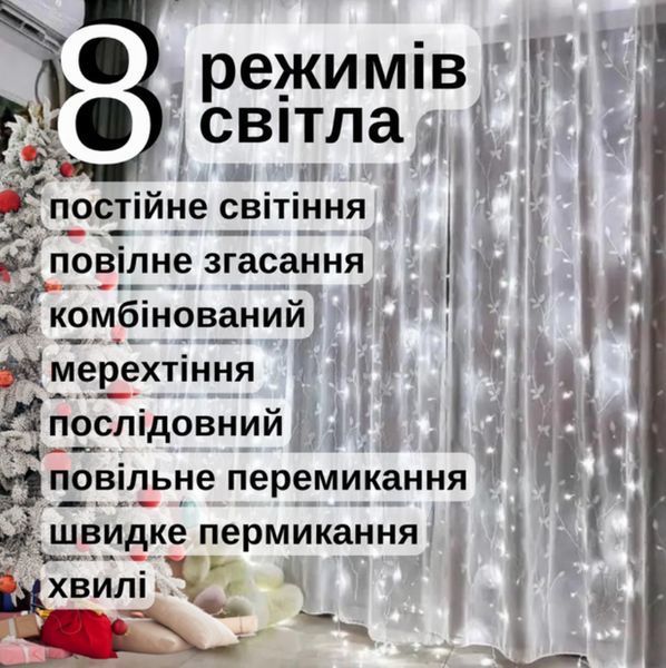 Гирлянда-штора Белая LED USB с пультом 3&times;3м: Капли росы с крючками для дома P000161 фото