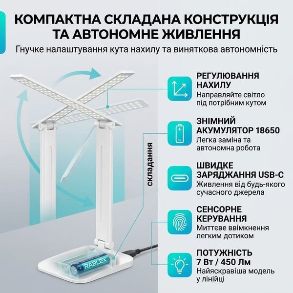 Настільна LED-лампа акумуляторна Rablex RB503 6W 200LM (Touch / Type-C / 18650) RB503 фото
