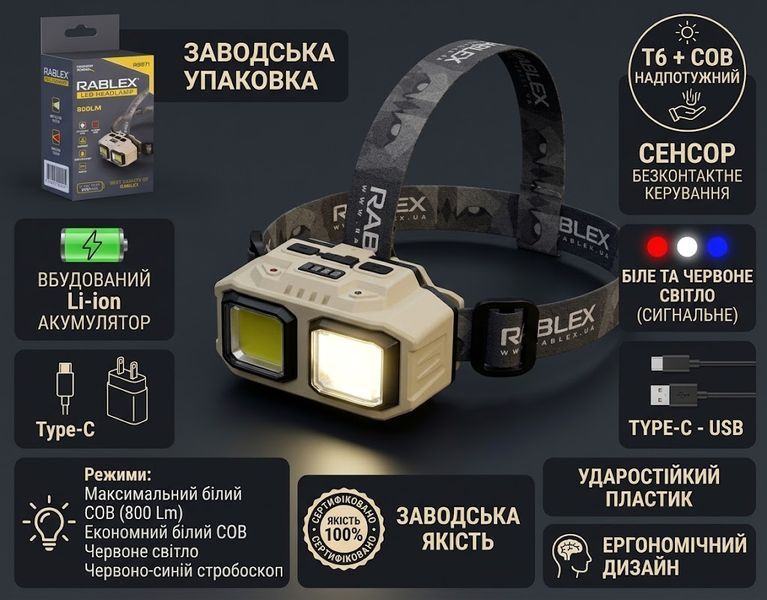 Налобний ліхтар Rablex RB971 сенсорний із червоним світлом 2LED+2COB Type-C 18650 RB971 фото
