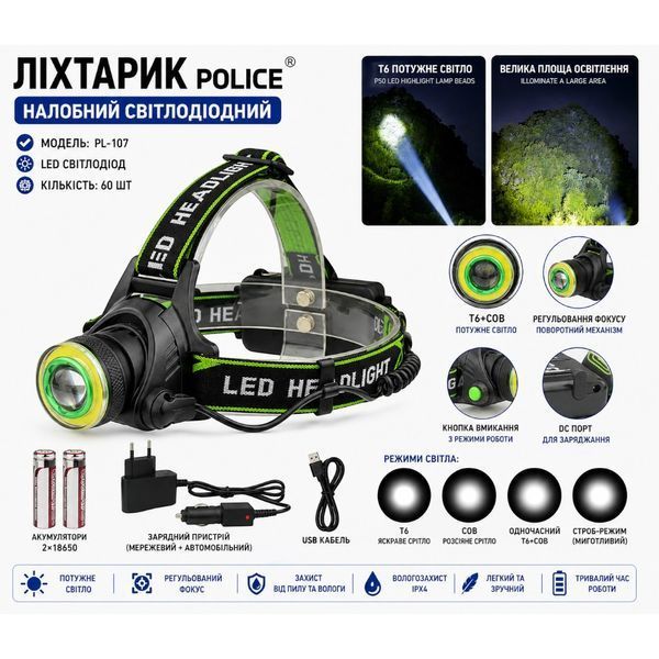 Мощный налобный фонарь Bailong BL-T107-T6 с зумом T6+COB на 2 аккумулятора 18650 BL-T107-T6 фото