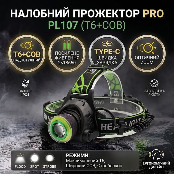 Мощный налобный фонарь Bailong BL-T107-T6 с зумом T6+COB на 2 аккумулятора 18650 BL-T107-T6 фото