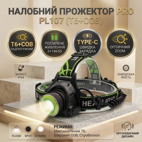 Мощный налобный фонарь Bailong BL-T107-T6 с зумом T6+COB на 2 аккумулятора 18650 BL-T107-T6 фото