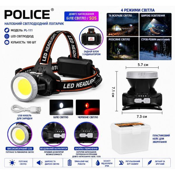 Сверхлегкий налобный фонарь Police PL-111 с белым и красным светом аккумулятор Type-C PL-111 фото